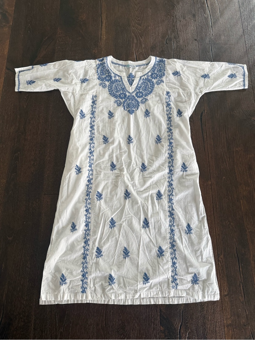 White Maxi Dress Kaftan with Blue Embroidery - Women's Maxi Dress